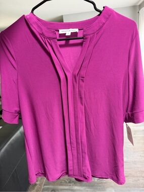 Magenta/Purple Pleated V-Neck Women's Blouse